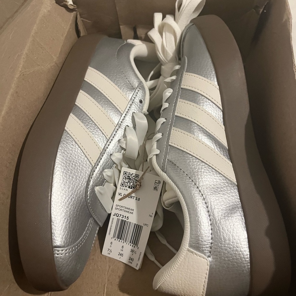adidas VL Court 3.0 Silver and White Athletic Sneakers